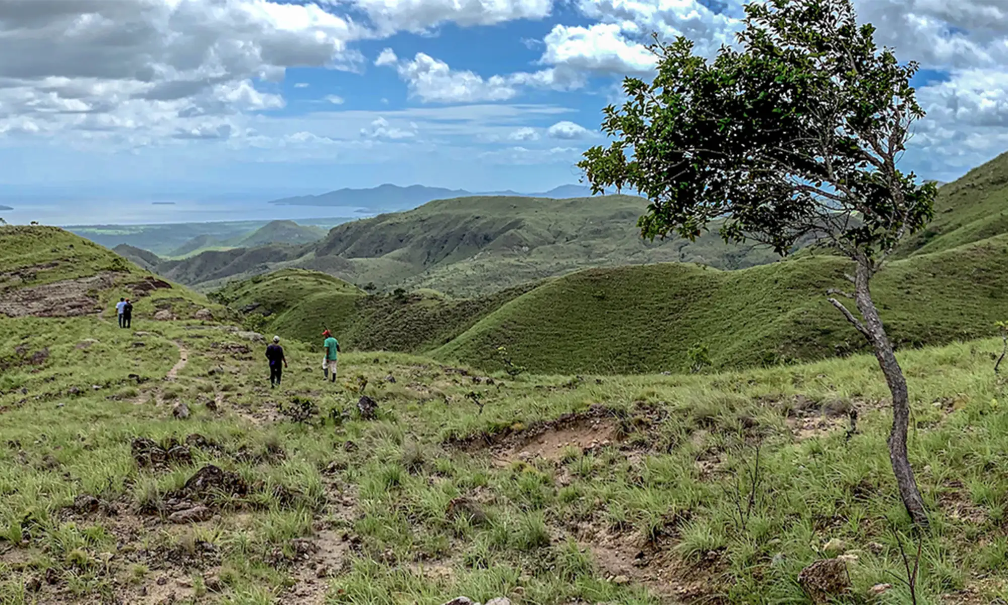 Scenic landscape in Nicaragua featuring rolling green hills, a lone tree, and a group of people walking along a trail, with a distant view of a lake and mountains under a partly cloudy sky.