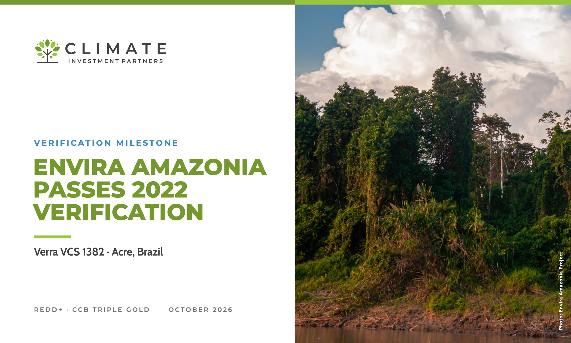 Dense rainforest along a river in the Envira Amazonia Project area, Acre, Brazil, with the headline Envira Amazonia passes 2022 verification
